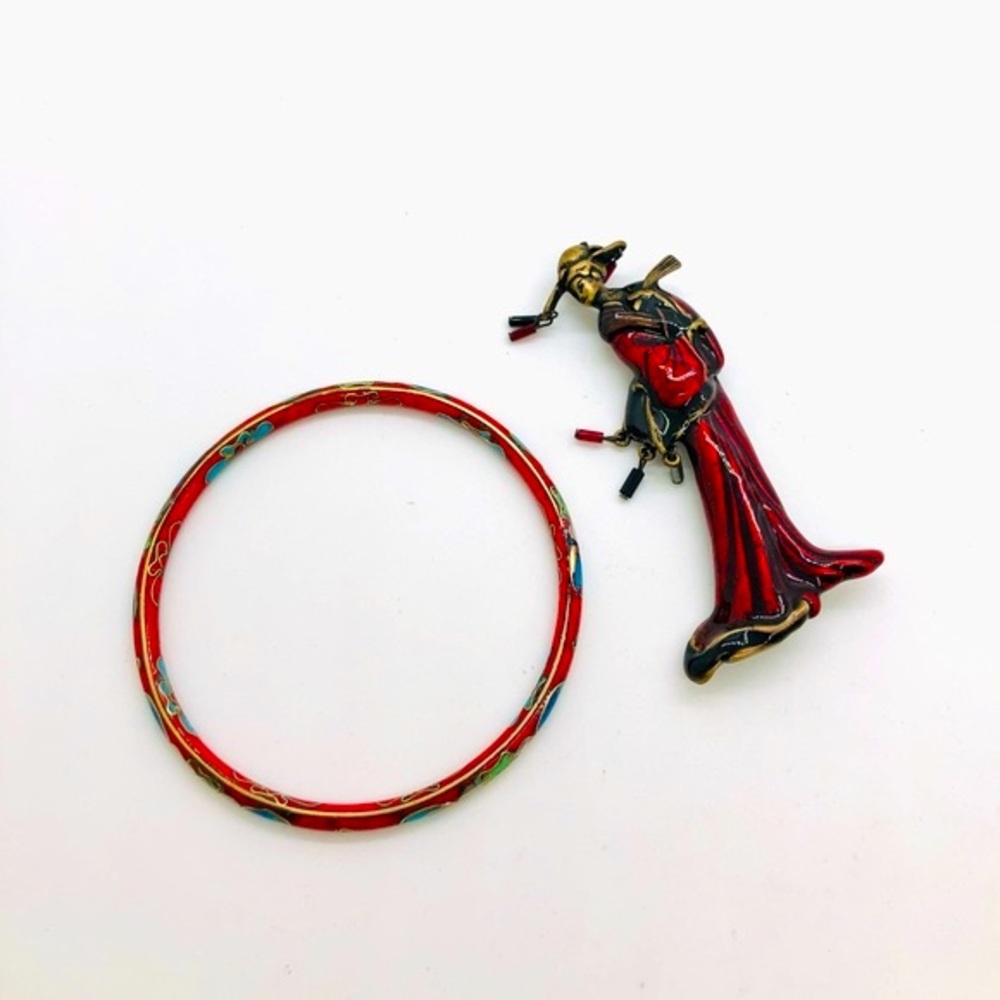 Vintage Red Asian Geisha Brooch & Bangle Bracelet